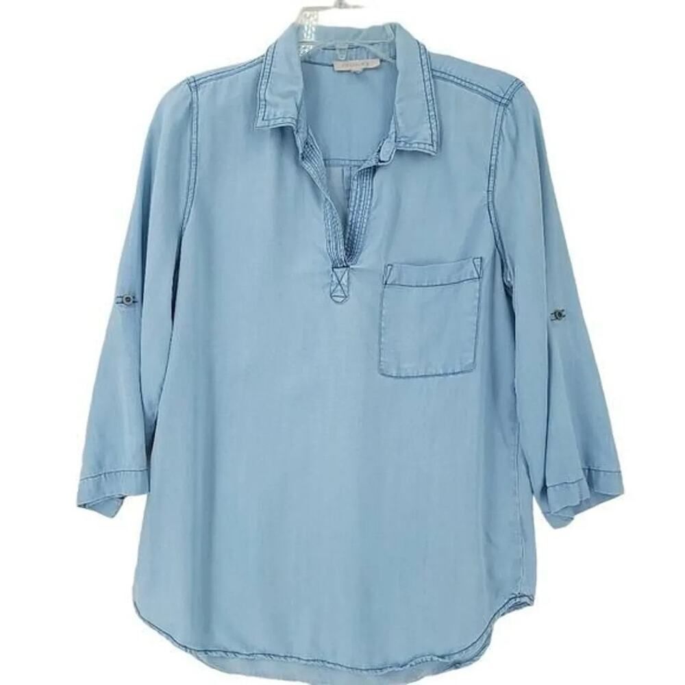 Skies Blue Chambray Popover Top Roll-Tab Sleeves